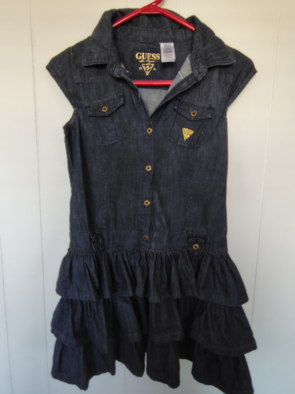 GUESS Girls Navy Denim Tiered Ruffle Dress Size L (14).